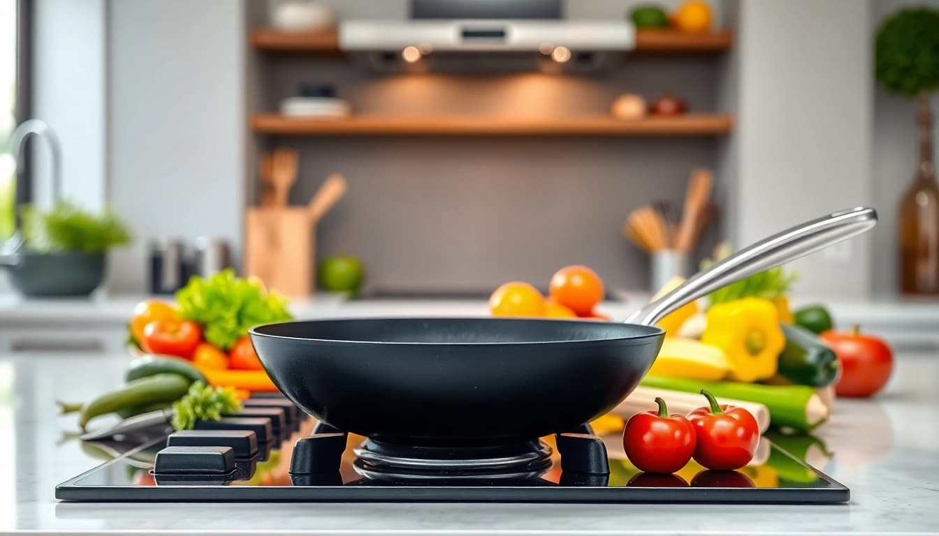 Cooking with a nonstick fry pan NZ showcasing vibrant ingredients and sleek design.