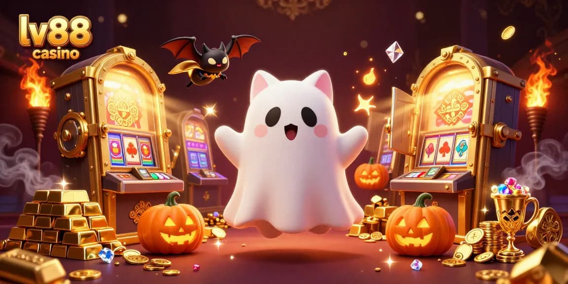 Experience the excitement of lv88 casino with a ghost cat and treasures in this vibrant illustration.