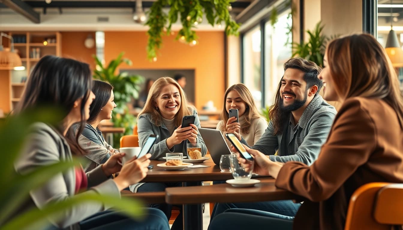 Young adults enjoying the instapro app in a lively café setting.