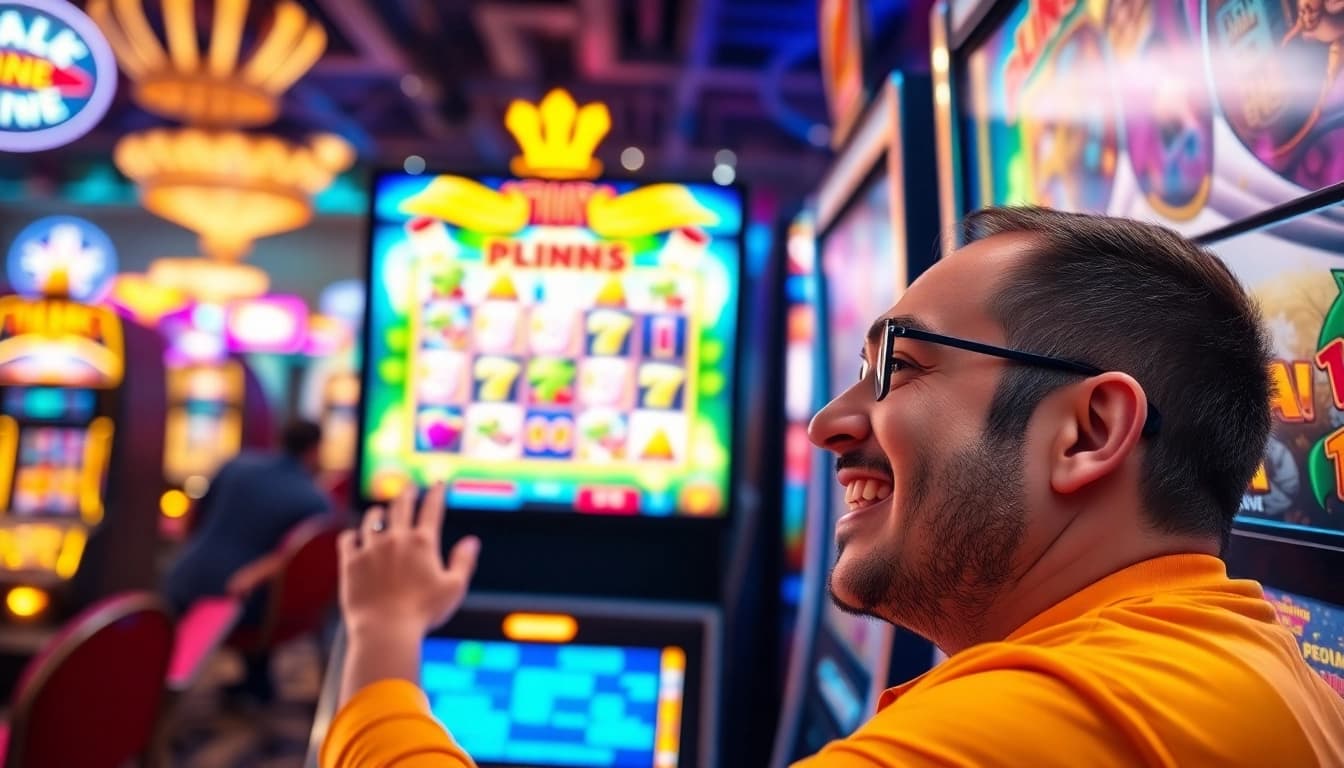 Main player excitedly playing plink slot di dalam kasino yang meriah.