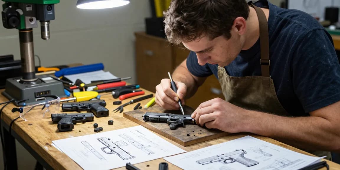 Gunsmith customizing Glock slides at precision workshop showcasing expertise and tools for https://precisionglockslides.com.