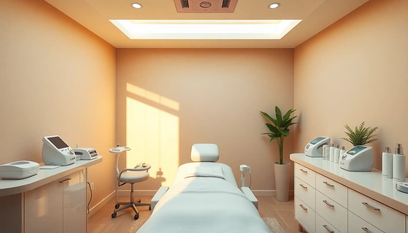 Aesthetic treatments room with modern design showcasing a comfortable treatment chair and skincare products.