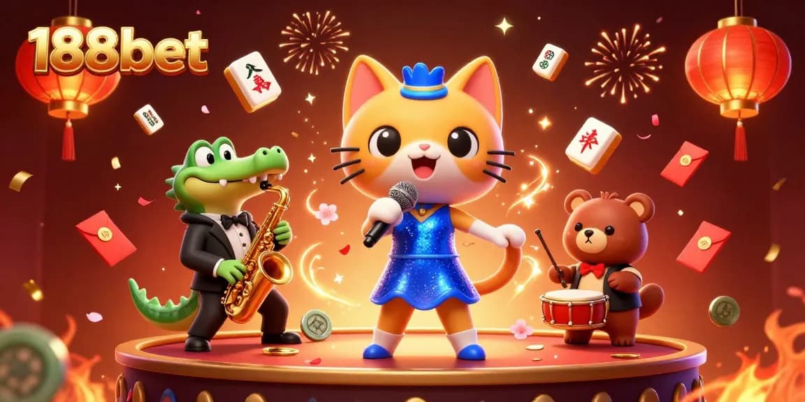 Engage with the vibrant 188bet casino scene featuring a lively cat singer, a saxophonist crocodile, and a drum-playing bear.