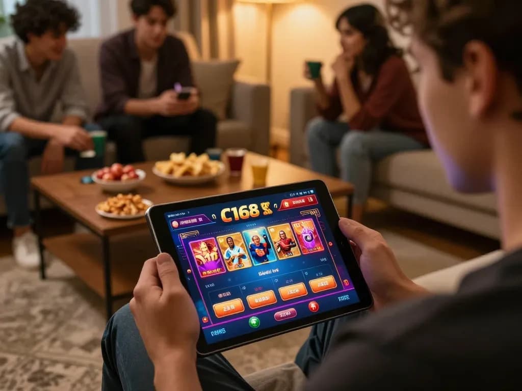 C168 đăng nhập on mobile app for online gaming, highlighting vibrant gameplay on tablet in cozy living room.