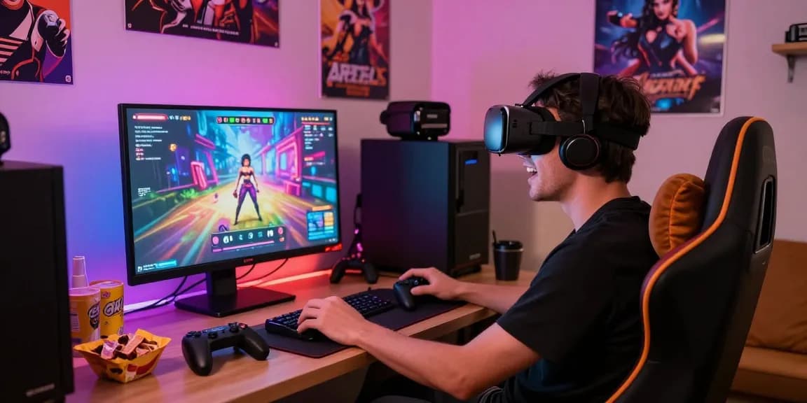 Engaged gamer exploring a vibrant sex game on a large monitor with gaming accessories.