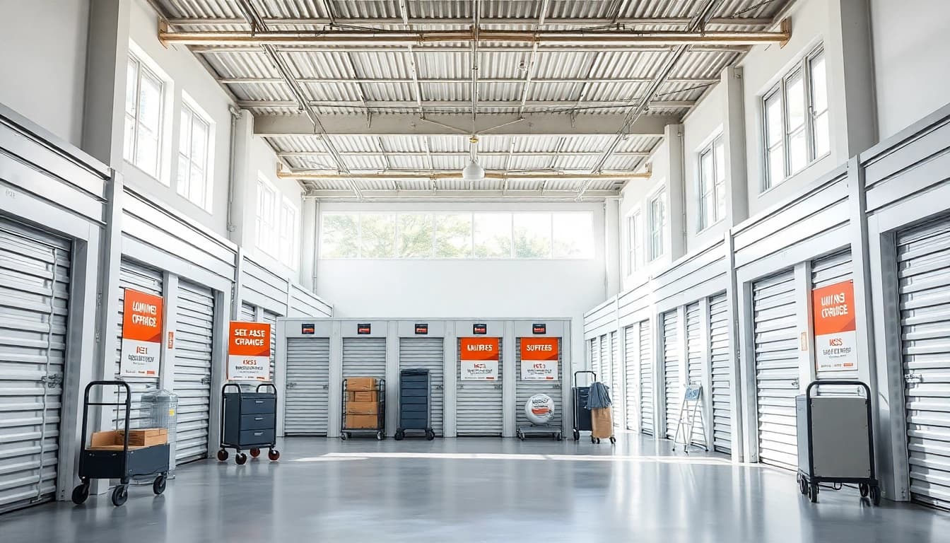 Showcasing self storage units organized for easy access and efficiency in a bright facility.