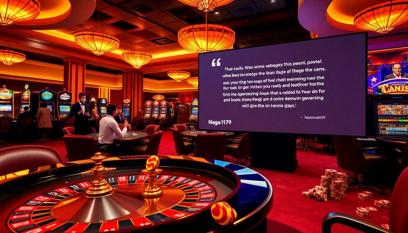 Showcasing testimonial Naga169 amid a luxurious casino atmosphere with roulette and slot machines.