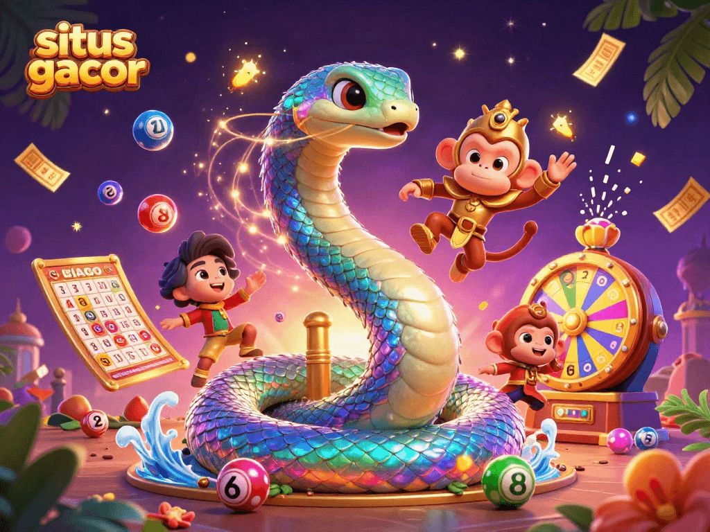 Experience situs gacor thrill with vibrant colorful lottery elements and whimsical characters in an enchanting casino scene.