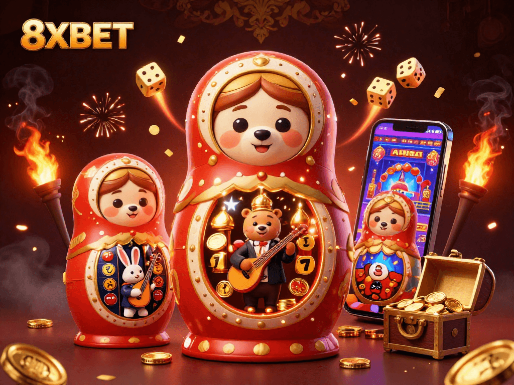 Experience thrilling gameplay with 8XBET's vibrant 3D casino artwork illustrating a captivating online environment.