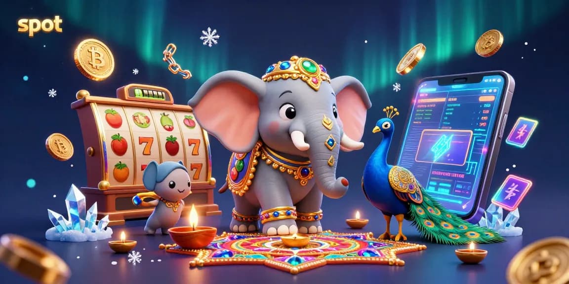Engage with exciting slot games featuring colorful elephant and peacock alongside glowing crypto coins.