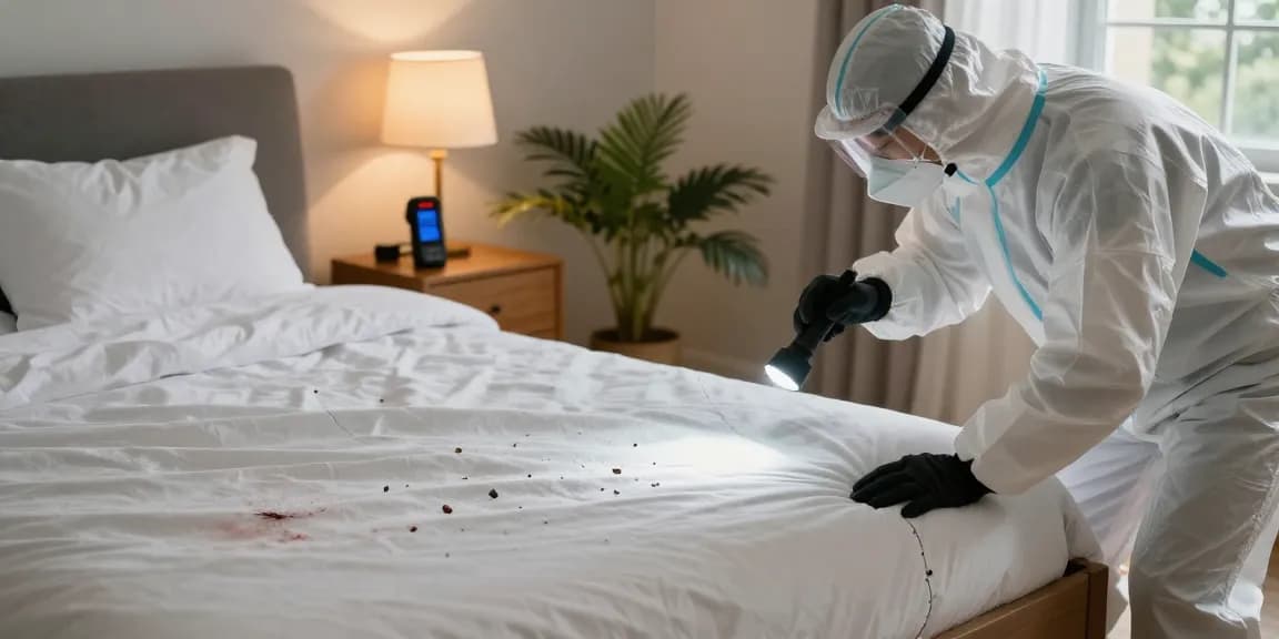 Bed bug exterminator inspecting a residential bedroom for signs of bed bugs.