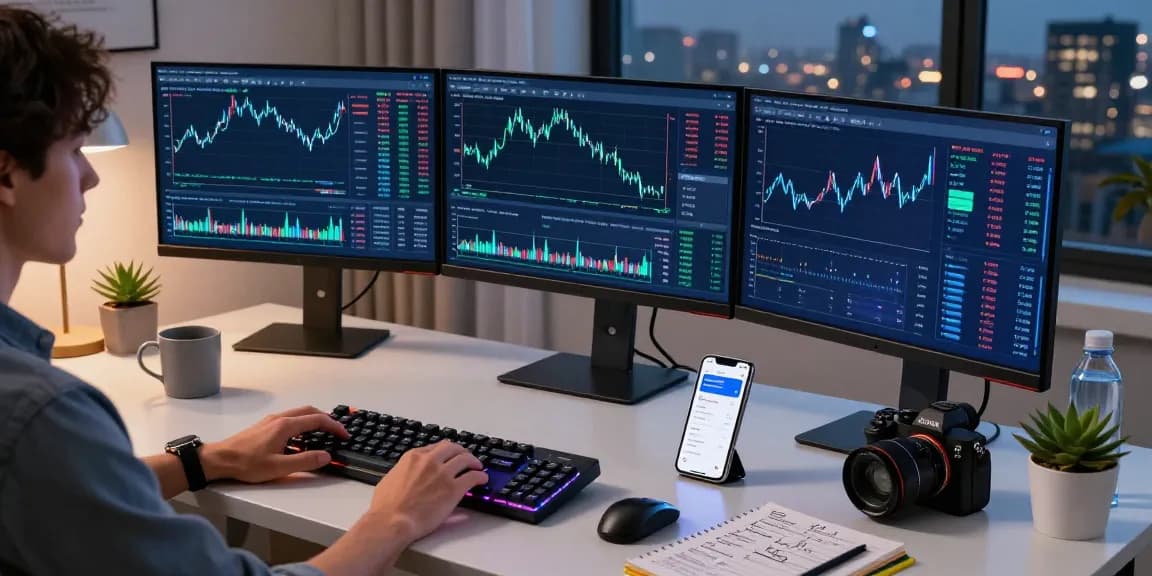 Legit cloud mining platform trading scene with cryptocurrency data on multiple monitors in a modern workspace.