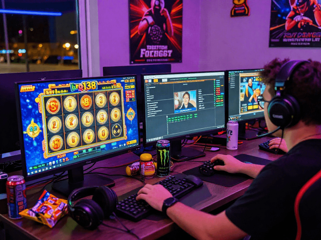 Player engaged in bro138 slot login on vibrant gaming desktop with monitors, snacks, and LED lights