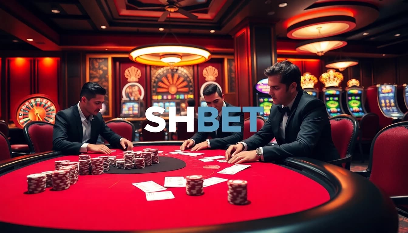 SHBET players engage in thrilling poker action at a luxurious casino table.