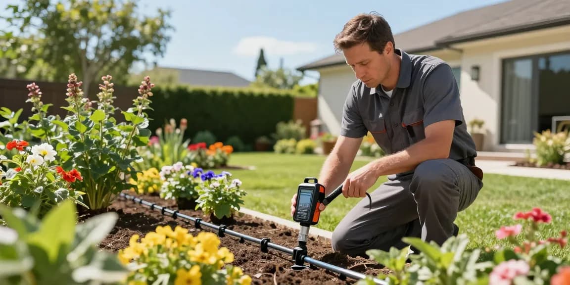 Professional Irrigation Services in Haslet, TX technician inspecting efficient drip irrigation system in sunny garden