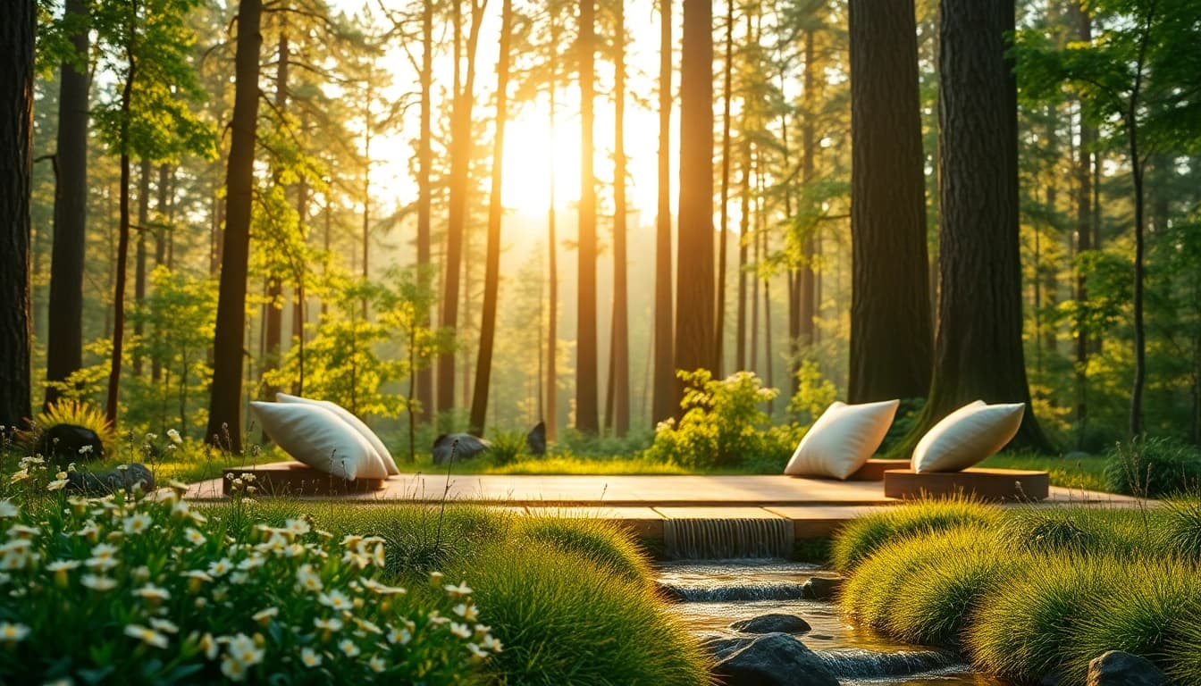 Relax at a wellness retreat surrounded by nature, featuring a serene meditation area under soft sunlight.
