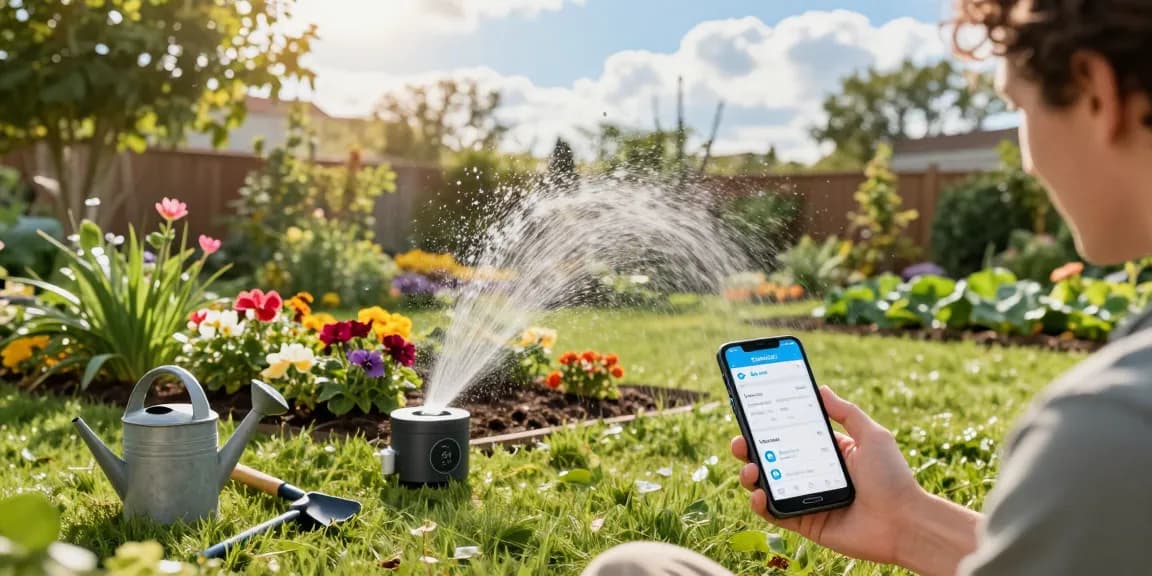RainPoint smart sprinkler controller in vibrant garden scene, showcasing efficient watering solutions.