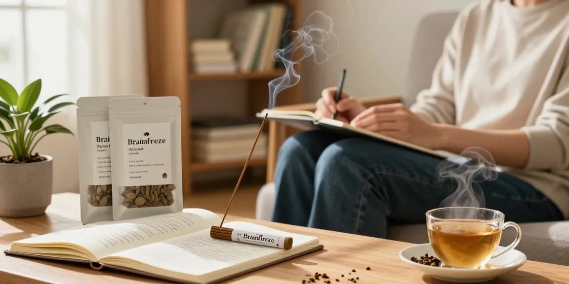 A person enjoying a relaxing moment using Brainfreeze 10-gram bags of herbal incense, surrounded by calming elements in a cozy living room.