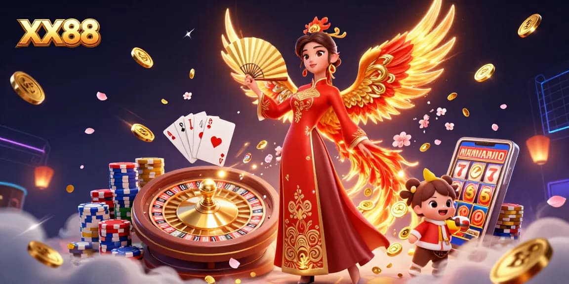 Experience excitement at XX88 with a vibrant 3D scene of a Vietnamese ao dai character amidst casino magic.
