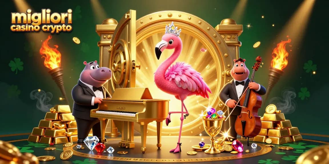 Scopri i migliori casino crypto con una cantante flamingo e un bassista ippopotamo in un ambiente festoso e ricco di tesori.