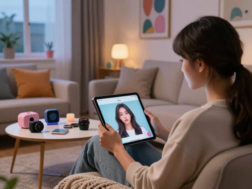 Engaging NSFW AI chat interaction on tablet in a cozy modern living room.