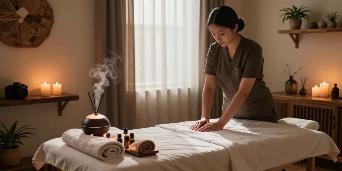 Relaxing massage therapy environment at makangs.com featuring soothing lights and essential oils.
