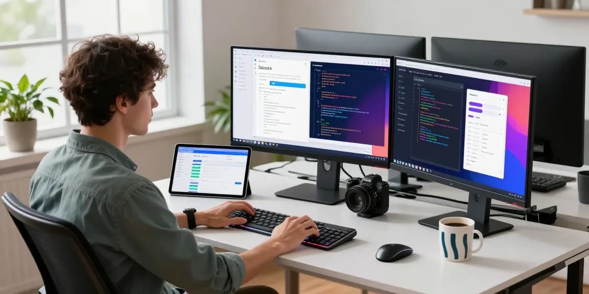 Developer working with 纸飞机中文版 on multiple screens in a modern tech workspace.