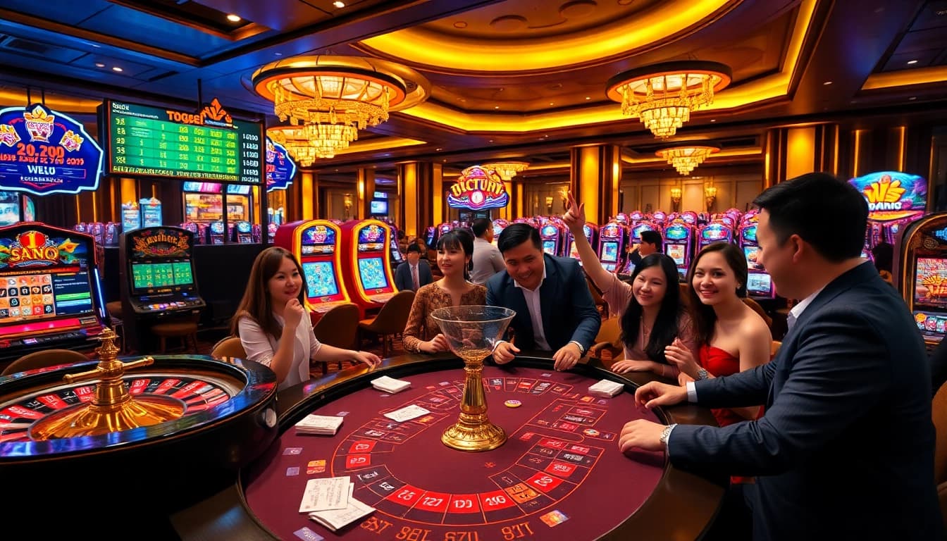 Petaruh yang antusias di meja togel sumo merayakan kemenangan di kasino mewah.