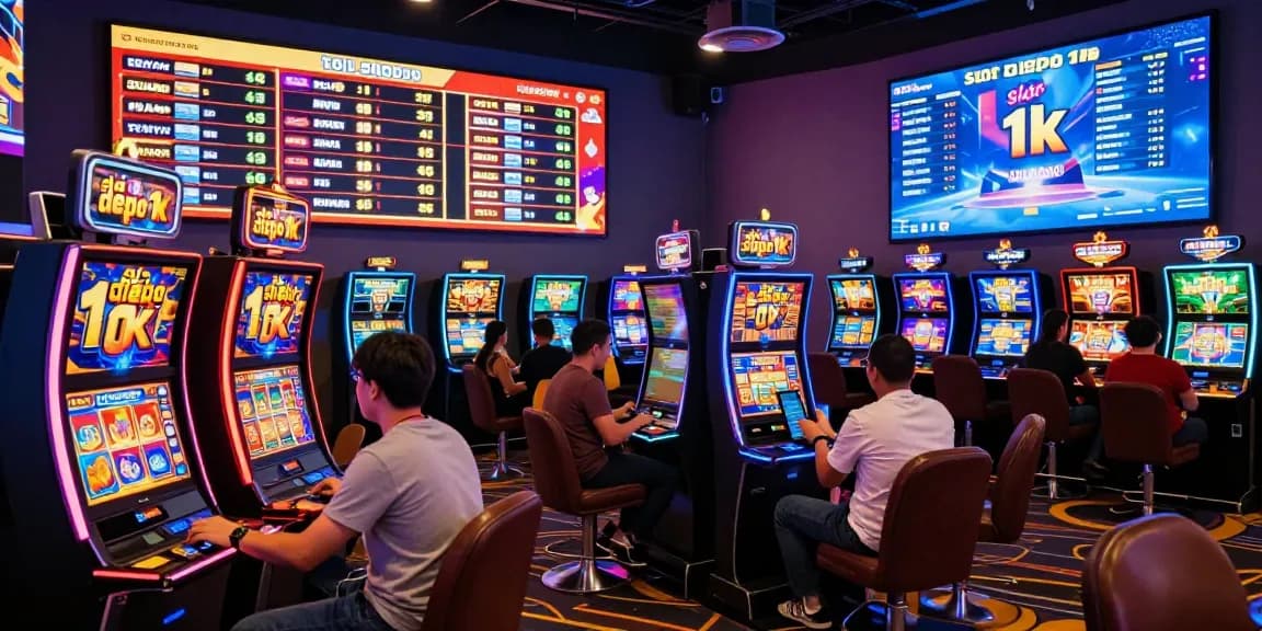 Engaging slot depo 1k gaming scene with players at vibrant digital casino, showcasing excitement and colorful displays.
