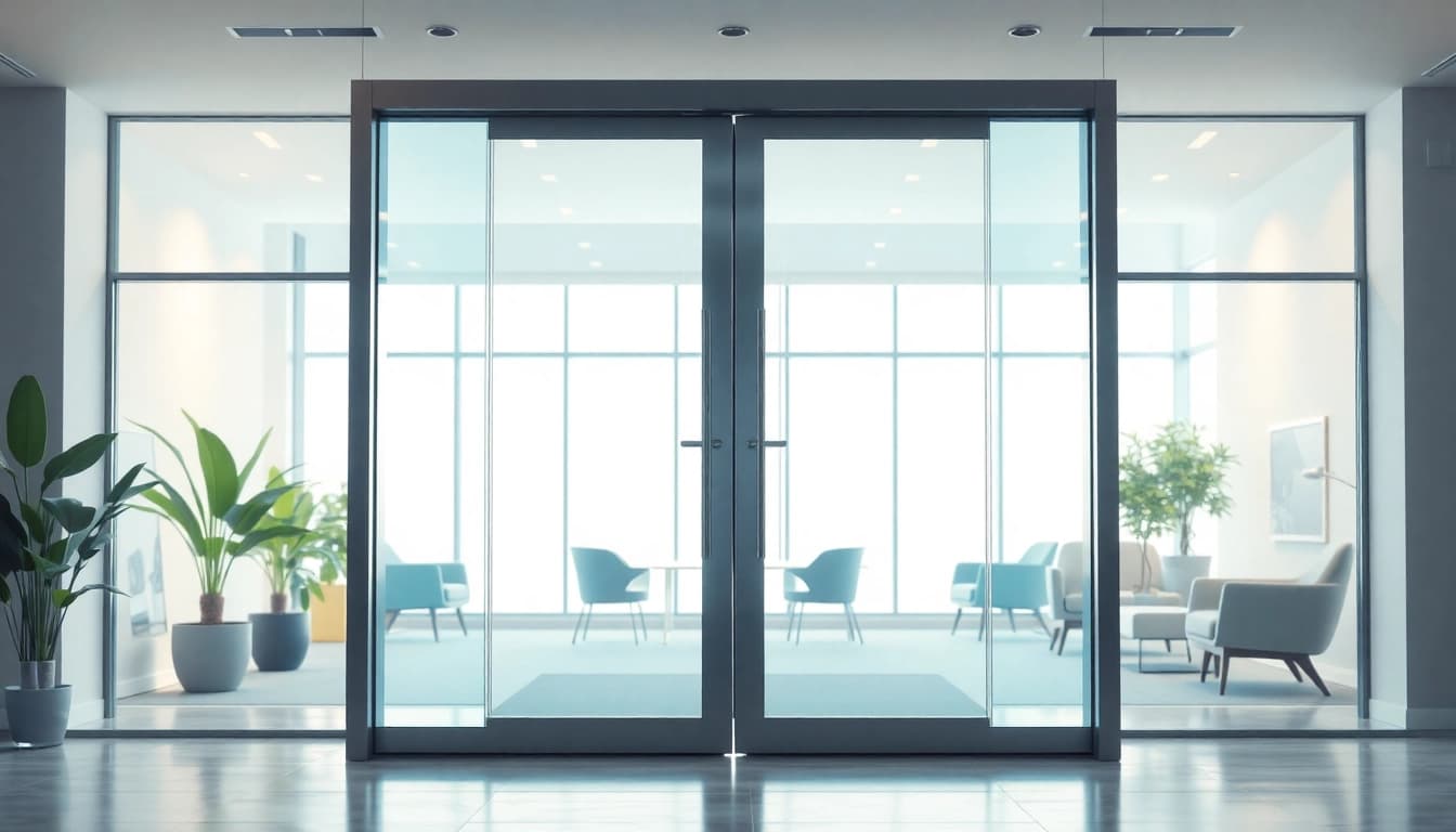 Opening commercial automatic doors in a modern office, showcasing their sleek design and functionality.