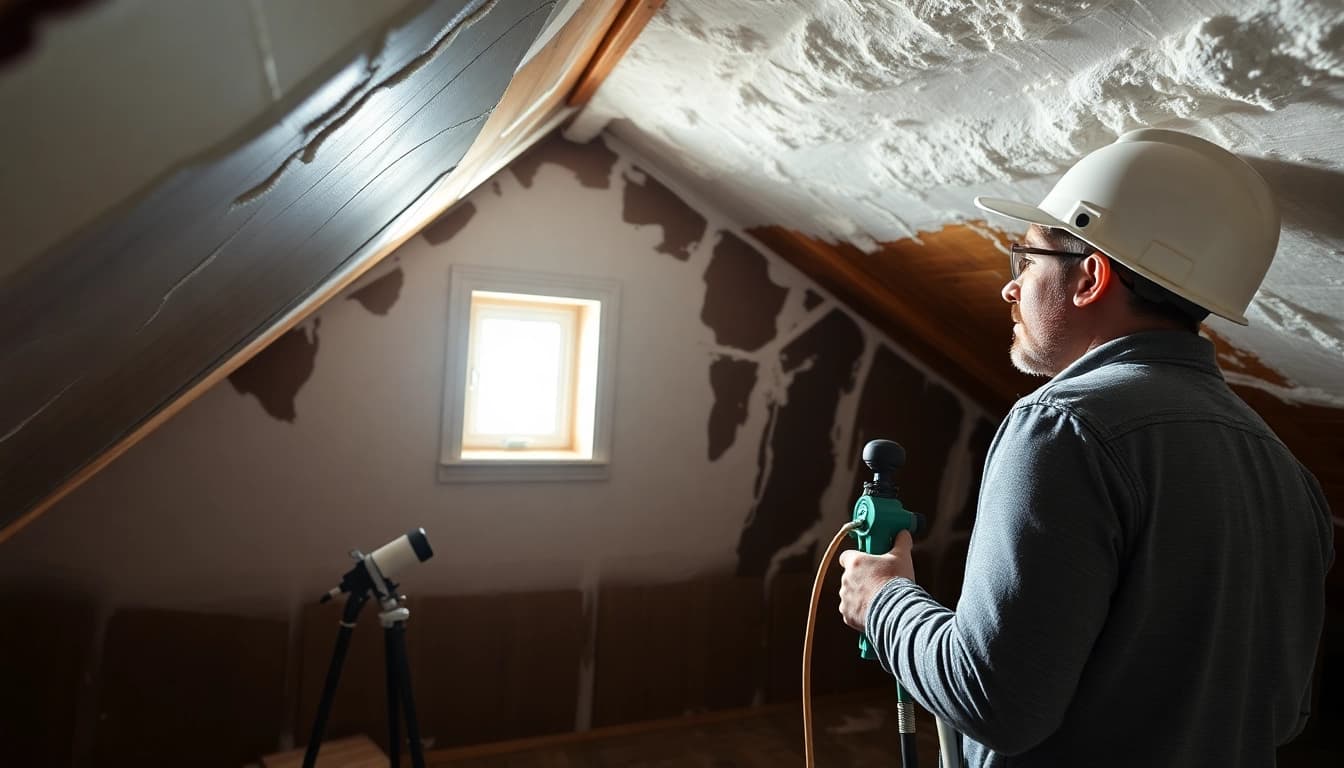 Spray foam causing damp identified by professionals as contractor inspects attic beams.