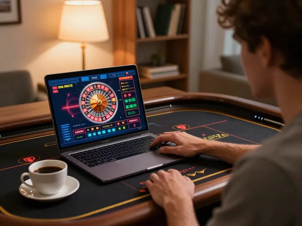 Player enjoying an immersive EV99 online roulette experience with vibrant game display and home ambiance.