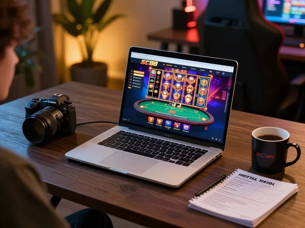 Engaging with the SC88-bm platform for online gaming, laptop displayed with casino games