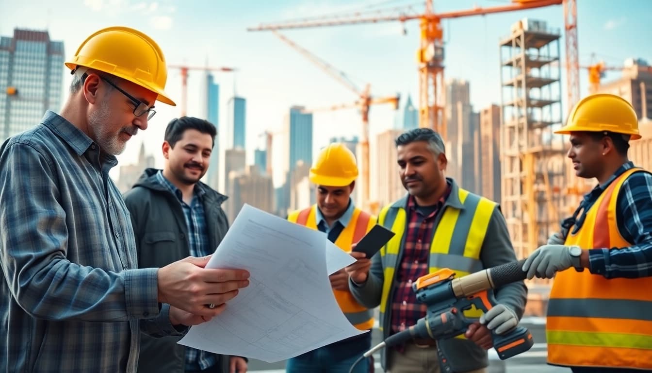 New York City General Contractor team collaborating on a construction project with urban skyline.