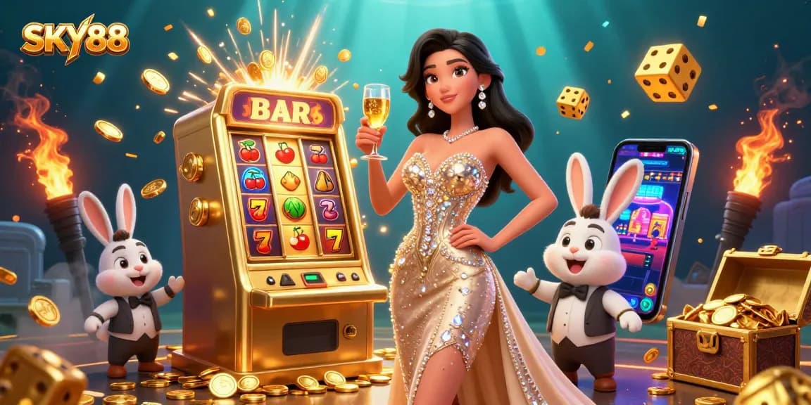 Engage in the thrill of SKY88 with a glamorous 3D casino atmosphere featuring a jackpot celebration.
