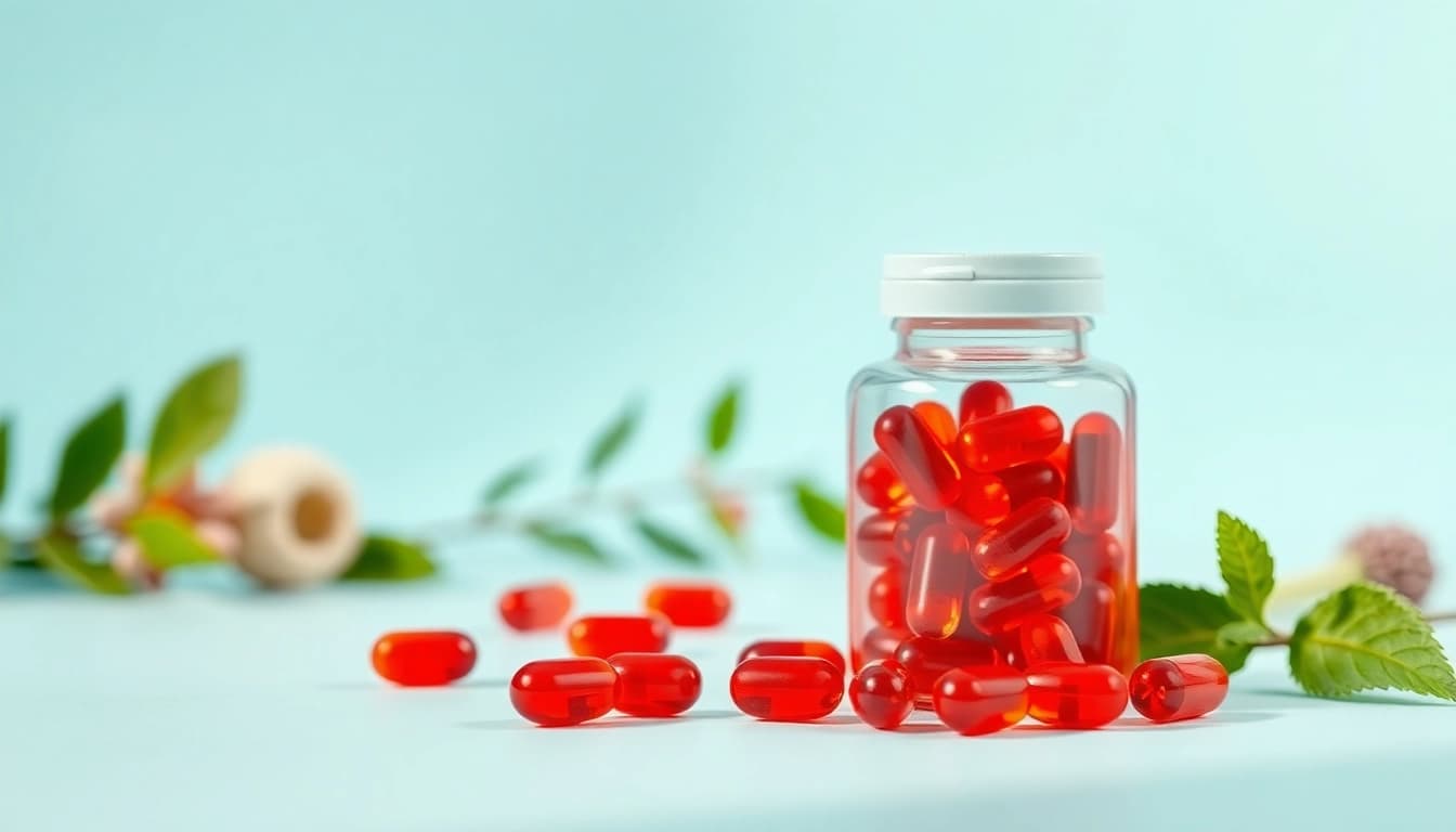 Buy astaxanthin capsules displayed vibrantly on a clean surface with natural greens.