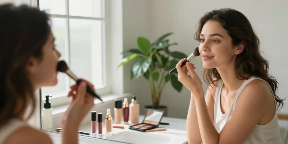 Woman using makeup blending brushes to achieve a flawless makeup look in a bright bathroom.