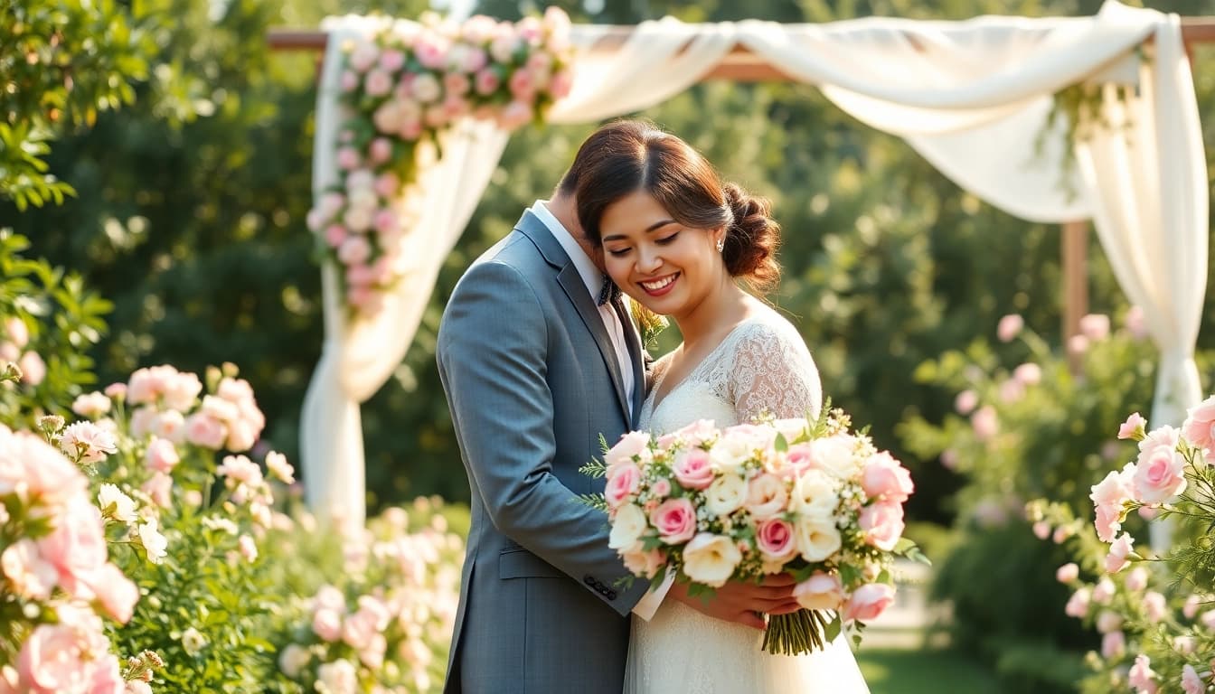 Capture the essence of light & airy photography with a romantic outdoor wedding scene featuring smiling couple in a garden.