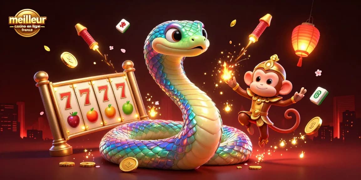 Illustration vibrante représentant le meilleur casino en ligne France avec des éléments de jackpot, serpent arc-en-ciel et roi singe en action.