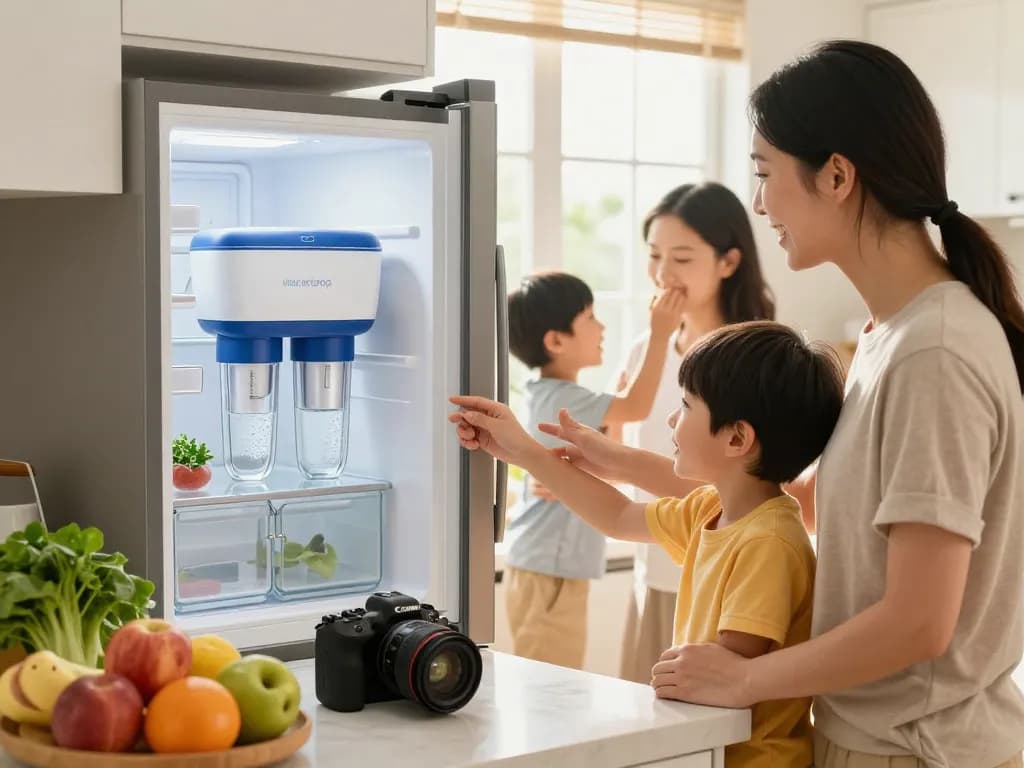 Waterdrop MSWF Refrigerator Water Filter in a home kitchen scene, family enjoying filtered water.