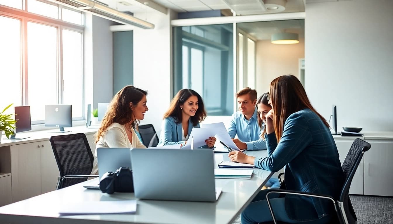 Engaged TOEFL test takers for hire collaborating in a modern office setting.
