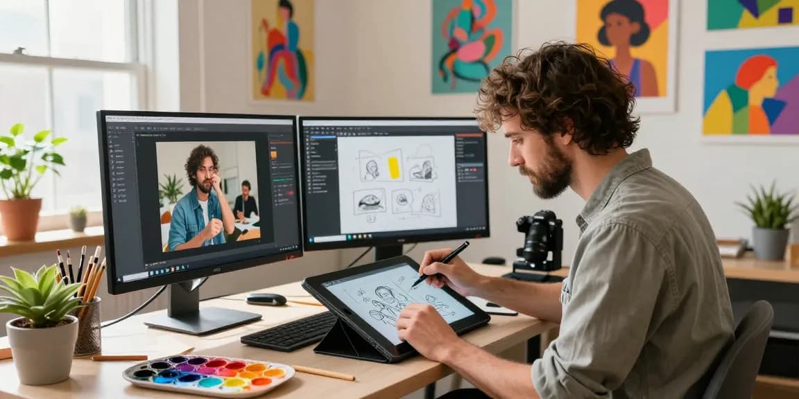 Engaging scene of an artist in a creative workspace generating AI prompts for image creation