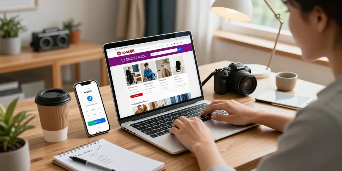 Engaging e-commerce scene on the rokok88 platform, showcasing a user browsing various pre-owned items in a cozy, inviting home setting.