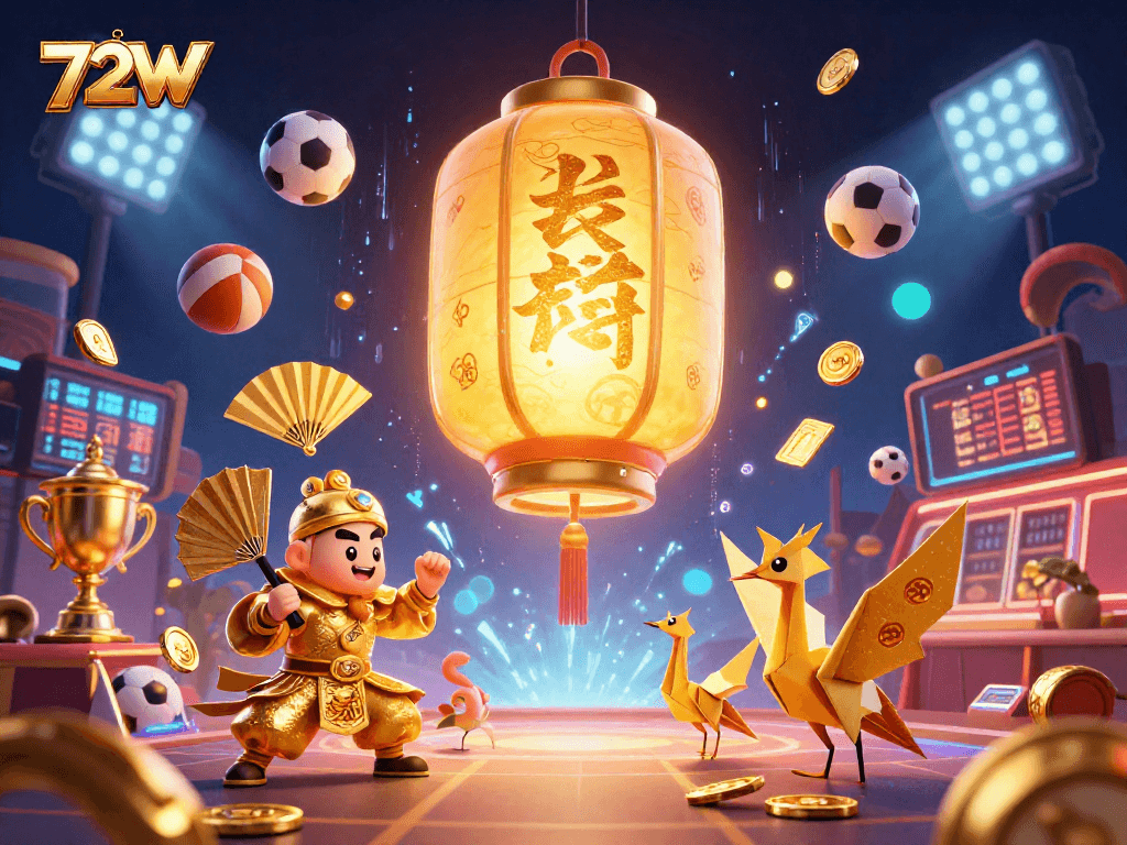 72W promove uma animada cena de cassino com elementos esportivos e simbólicos, com lanternas douradas e moedas.