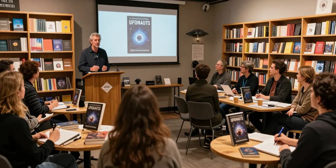 Engaged audience at T Allen Greenfield's book launch discussing spirituality and UFOs at https://tallengreenfield.com.