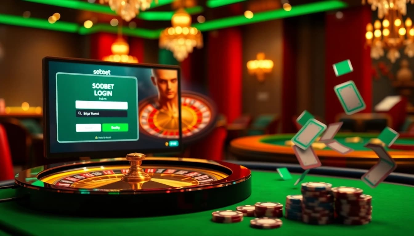 Sbobet login terbaru showcased on a sleek online betting interface with vibrant casino elements.