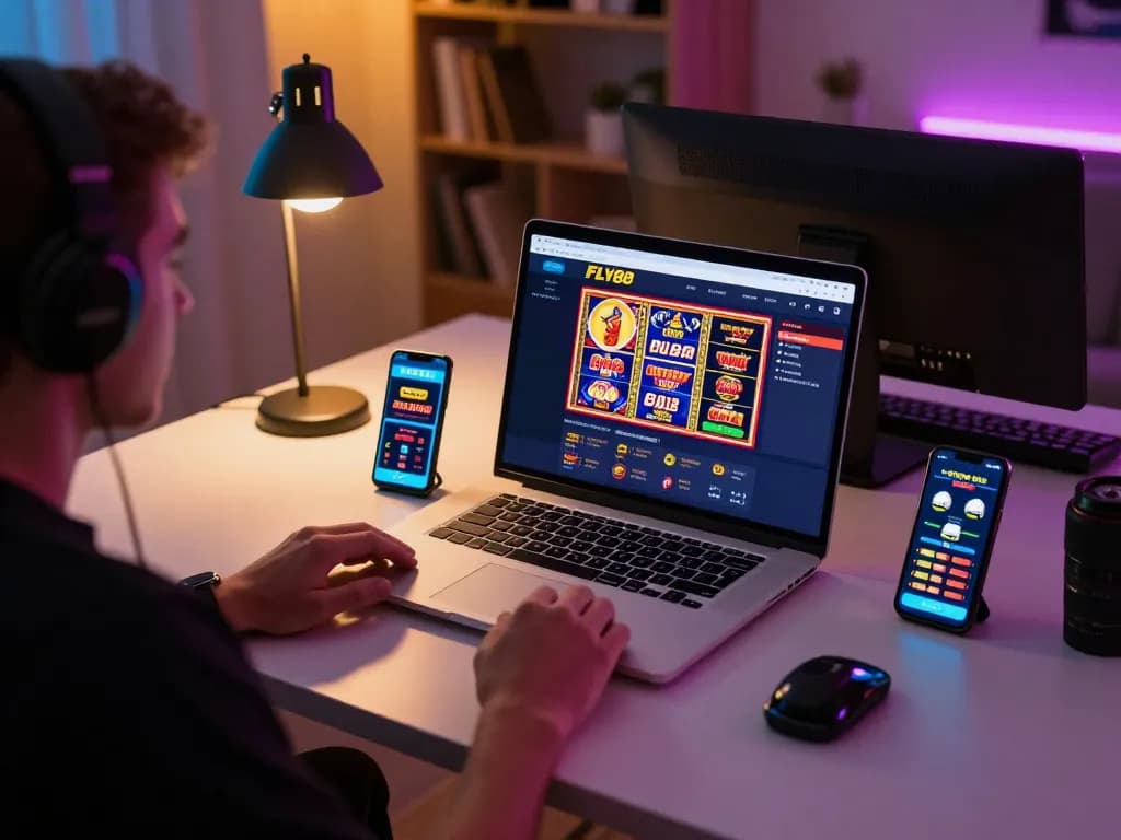 Engaged gamer exploring the FLY88 online casino platform on a laptop, showcasing interactive gameplay elements