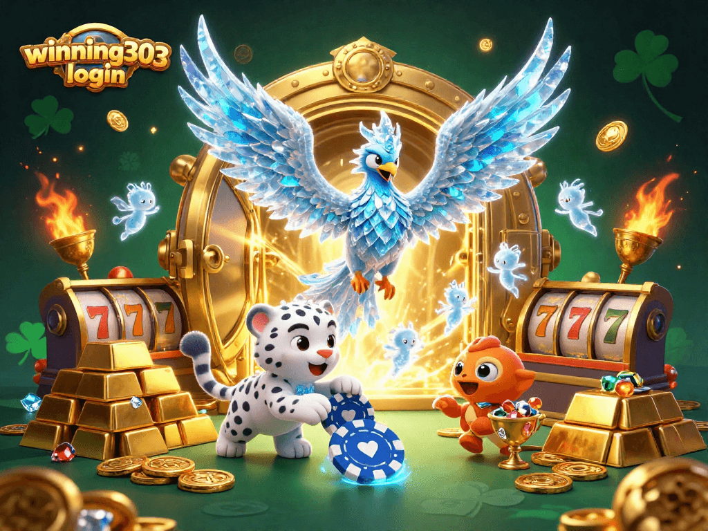 Experience the excitement of winning303 login with a dynamic 3D casino illustration featuring glowing characters and rich game elements.