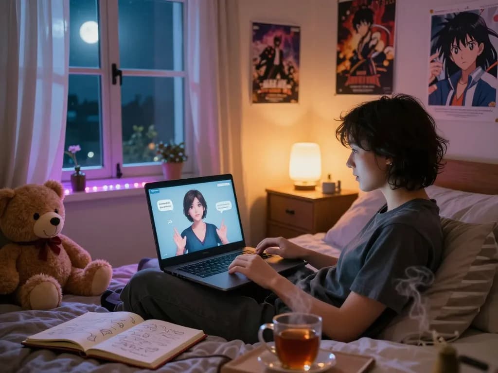 Engaging ai chat porn experience in a cozy bedroom with a laptop and AI character interaction.