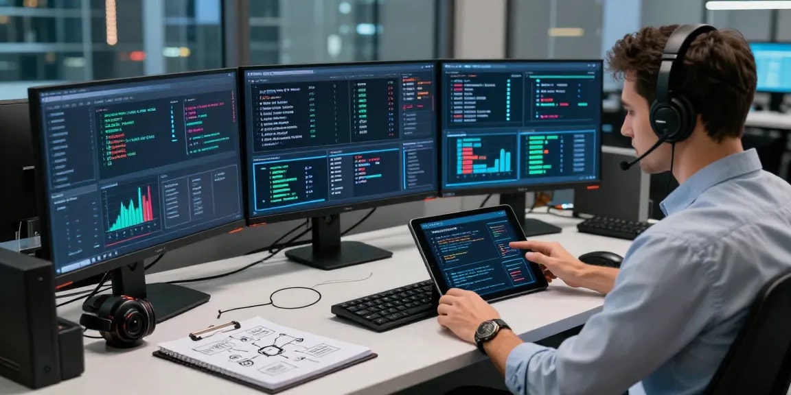 Expert recovering stolen cryptocurrency in a modern cybersecurity office with multiple screens.